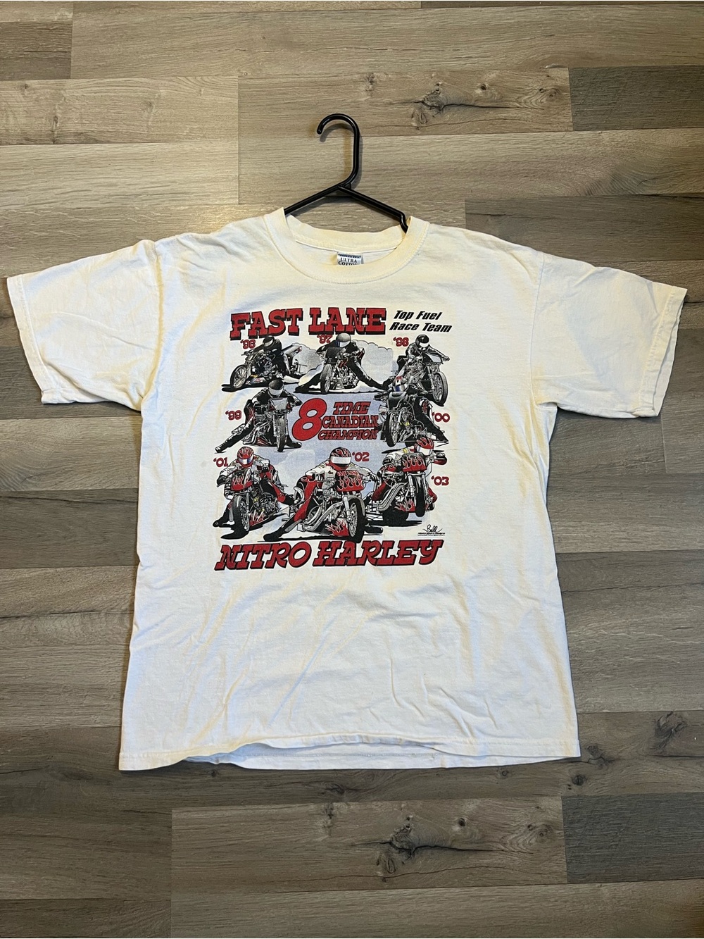 VTG 2000s Nitro Harley Drag Racing Tee L Off White Canadian Top Fuel Bike 🏍️📸